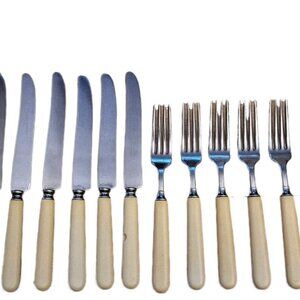 Vintage 12 Piece Universal Stainless Cutlery Set w/ Ivory Bakelite Handles